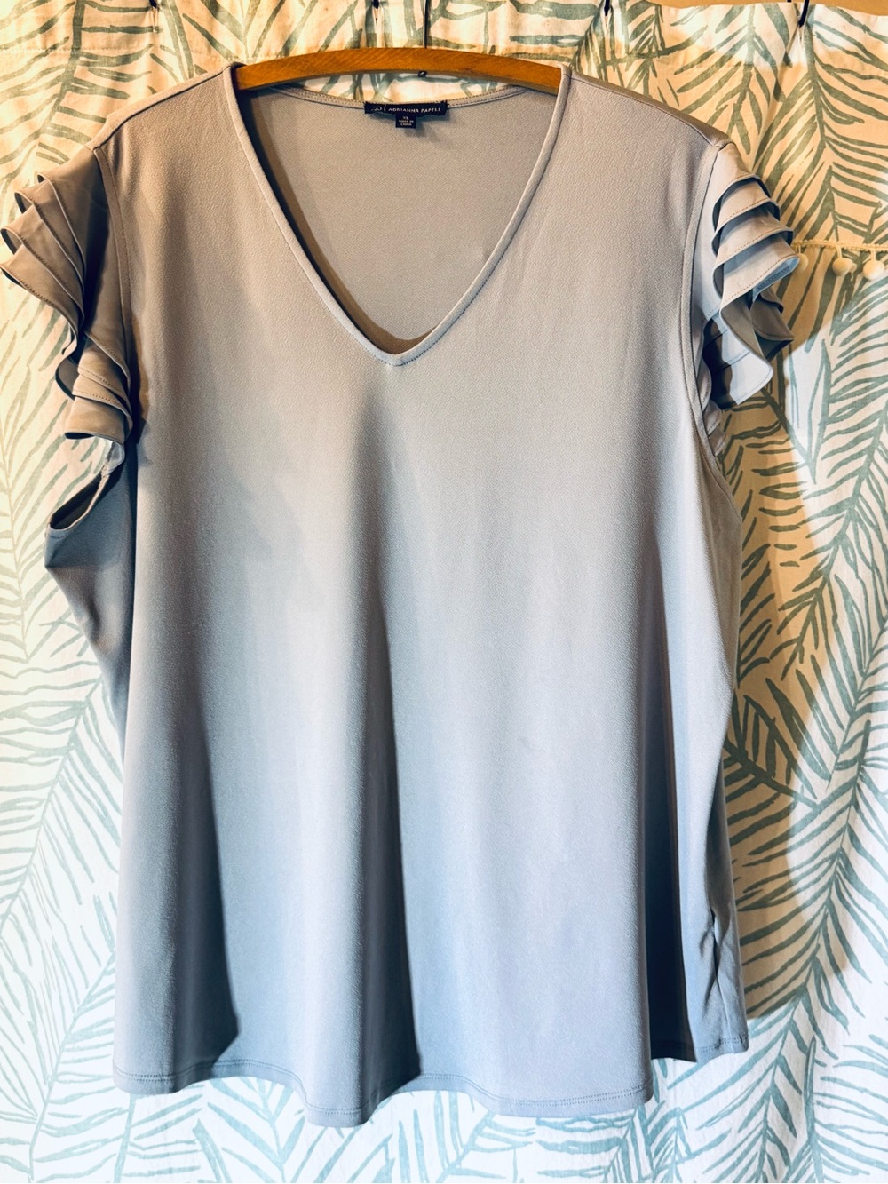 Adrianna Papell Light Gray Flutter Sleeve Crinkled Satin Blouse
